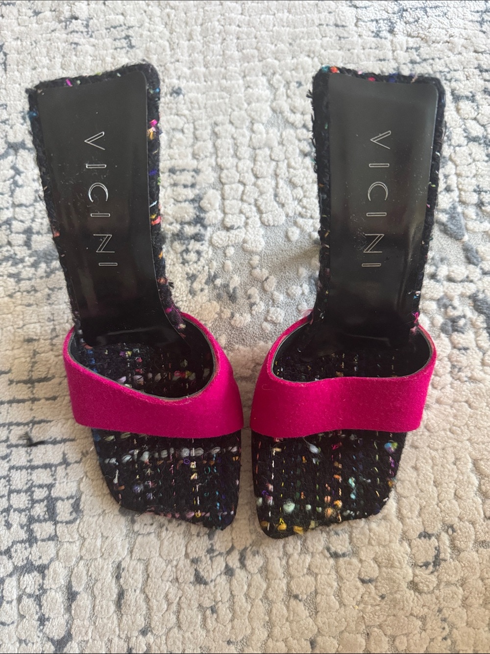 Vintage 90s Vicini Black Tweed Mules with Bright Pink Strap. One of a kind.